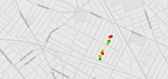 Map of spruce trees on Highland Rd, colored by tree health (created in TableauPublic)